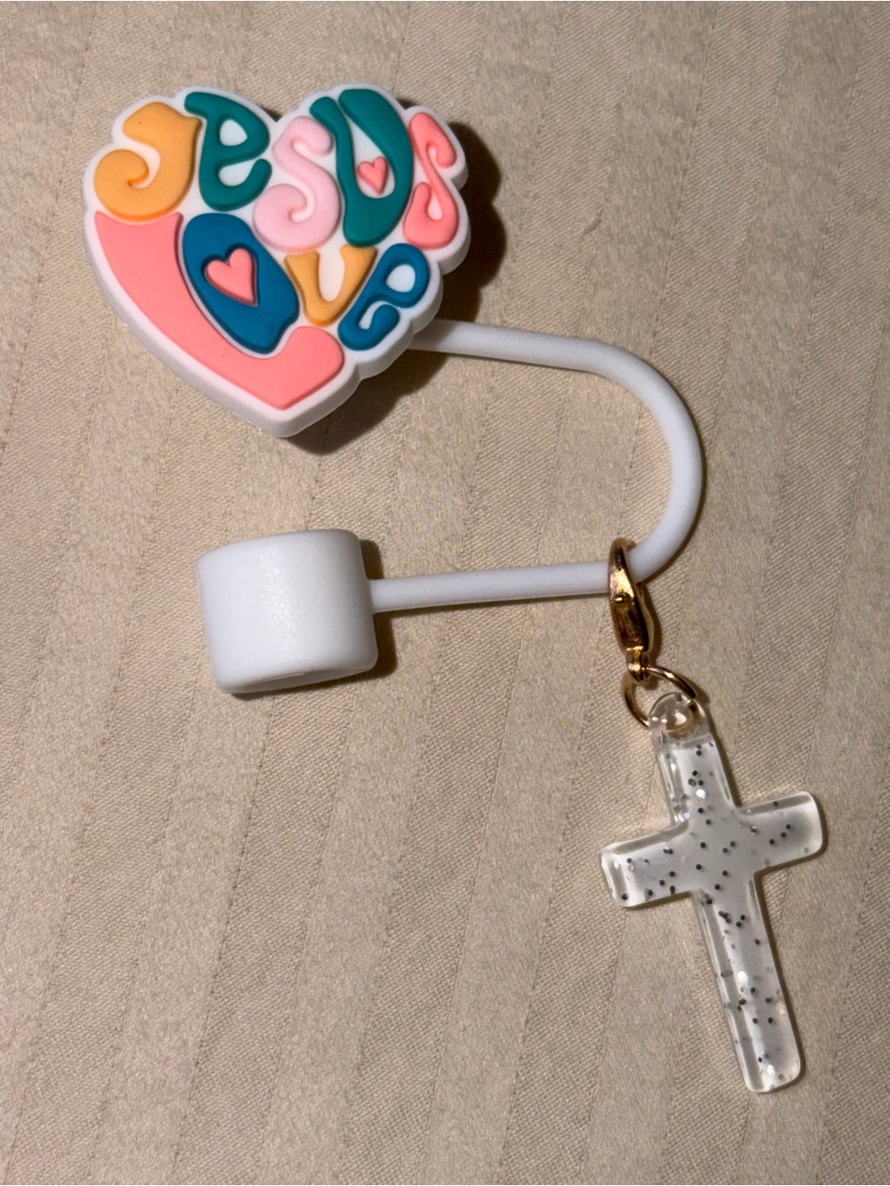 Jesus Straw Cover with Clear Cross Pendant Cup Charm